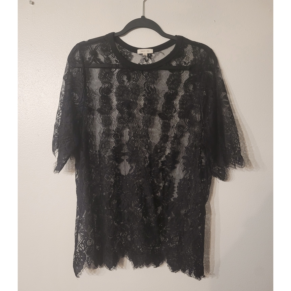 paper tee Black Lace Short Sleeve Blouse